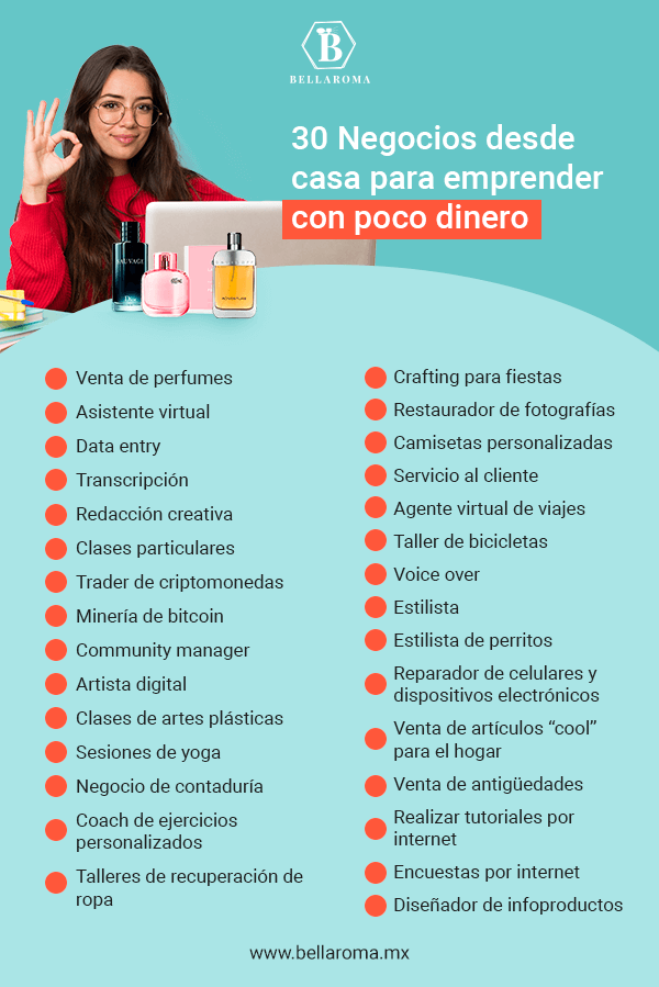 Infografía sobre 30 negocios desde casa para emprender con poco dinero