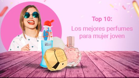 Imagen con frascos de perfume y una joven feliz como portada de artículo: Mejores perfumes para mujer joven