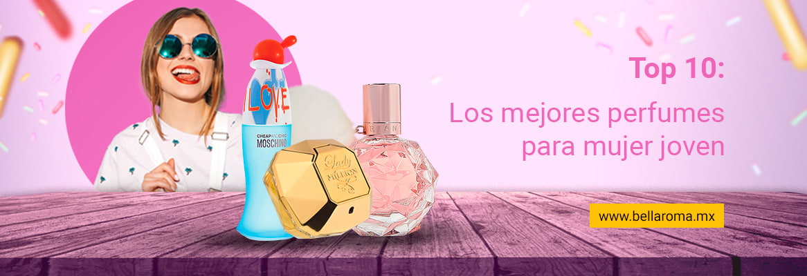 Imagen con frascos de perfume y una joven feliz como portada de artículo: Mejores perfumes para mujer joven