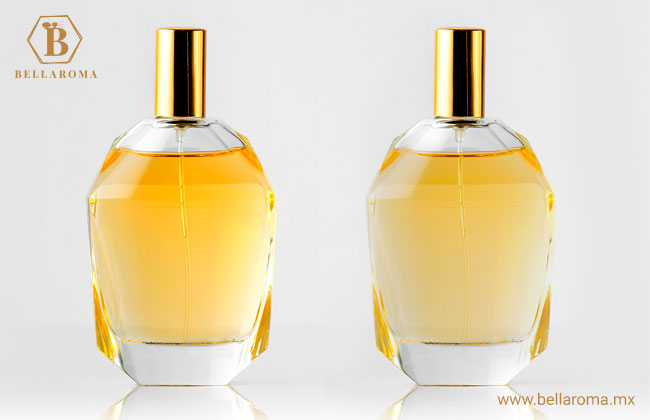 Imagen con un frasco de perfume original y una imitación