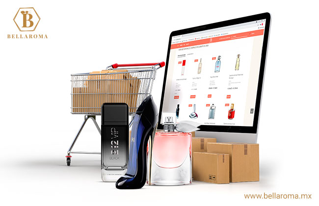 Pantalla de pc con la página de la tienda de perfumes en línea Bellaroma