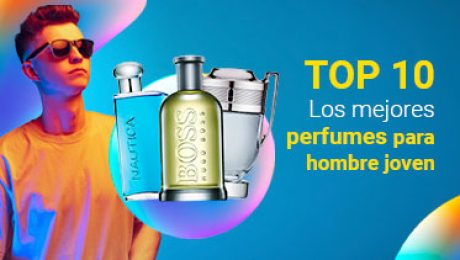 Portada de artículo con frascos de perfumes originales y hombre joven