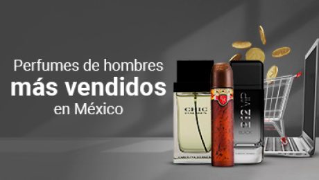 Portada de artículo Perfume de hombre más vendidos con imagen de perfumes y de un carrito de súper mercado con monedas cayendo en su interior