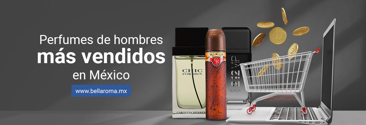 Portada de artículo Perfume de hombre más vendidos con imagen de perfumes y de un carrito de súper mercado con monedas cayendo en su interior