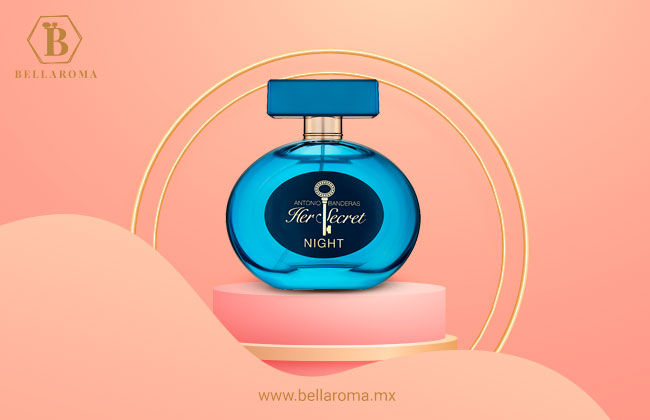 Frasco redondeado de color azul del perfume Her Secret Night de Antonio Banderas 