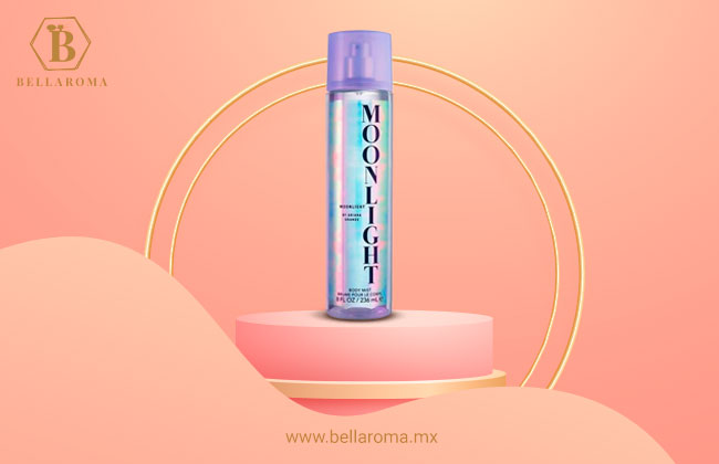 Frasco cilíndrico con matices azules y lilas del perfume Moonlight de Ariana Grande 