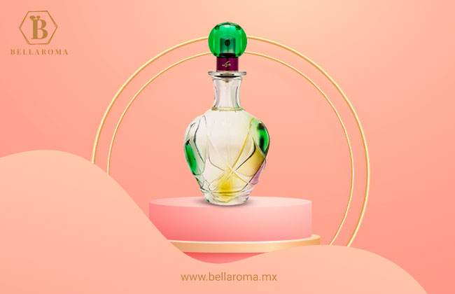 Frasco de color blanco, verde y amarillo del perfume Jennifer Lopez Live de 