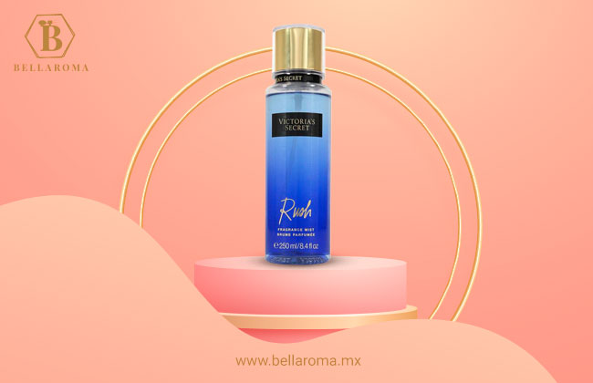 Frasco cilíndrico en azul degradado del perfume Body Rush de Victoria´s Secret