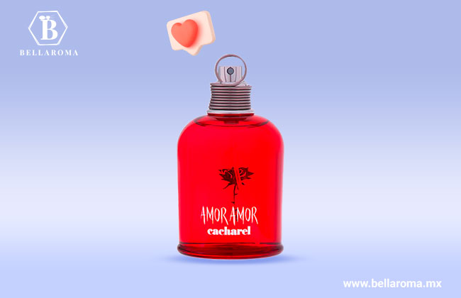 Frasco rojo intenso del perfume Amor Amor