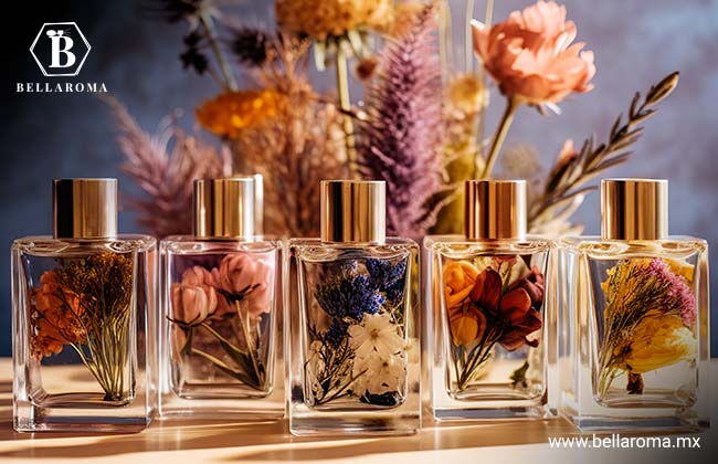 Exhibición de perfumes de una misma familia olfativa