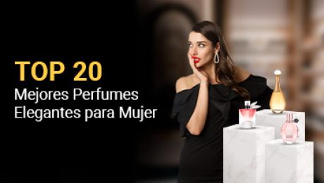 Dama elegante al lado de un exhibidor con fragancias chic.