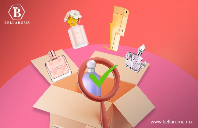 Distintos perfumes sobre una caja