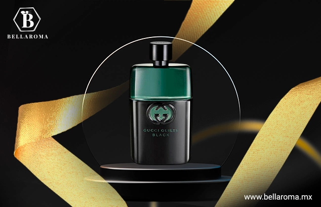 Envase de color negro y detalles verdes de la colonia para hombre Guilty Black de Gucci