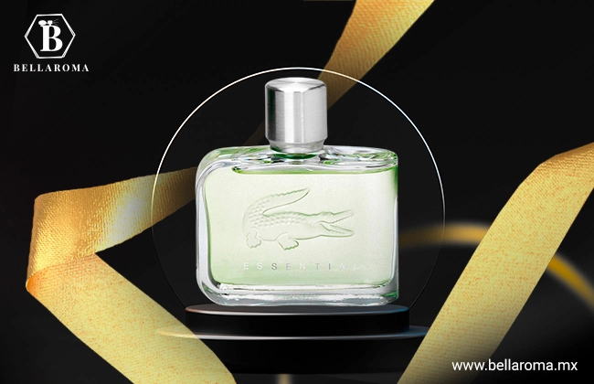 Botella de cristal del perfume Lacoste Essential para hombres con logo en sobre relieve