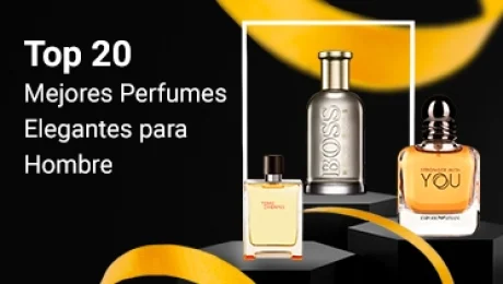 3 frascos de perfume en exhibición rodeados de listones en tonos naranja