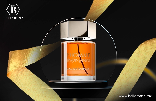 Botella de perfume con tapa plateada de la fragancia L'Homme de Yves Saint Laurent