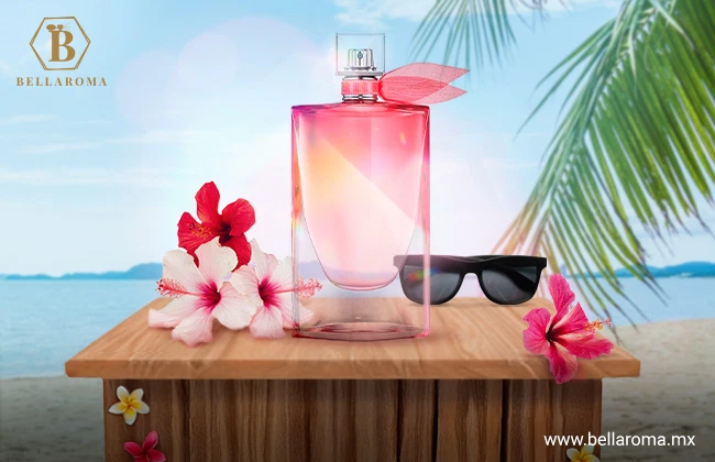Botella de perfume color rosa claro para el verano