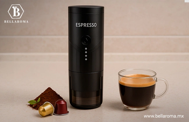 Cafetera portátil con una taza de café y decoraciones a los lados