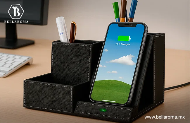 Organizador de artículos personales con un celular y distintos bolígrafos