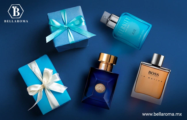 Vista aérea de 5 perfumes que son ideas muy buenas de regalos para papá