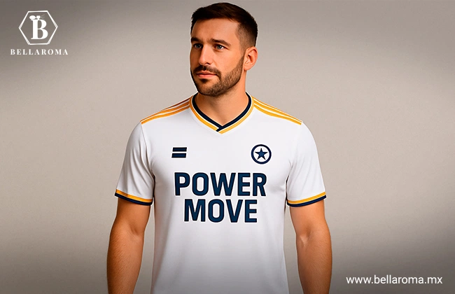 Vista frontal de un hombre modelando una playera deportiva, uno de los regalos prácticos para papá