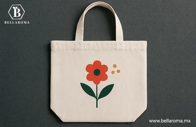 Bolsa de tela con un diseño de flor color naranja