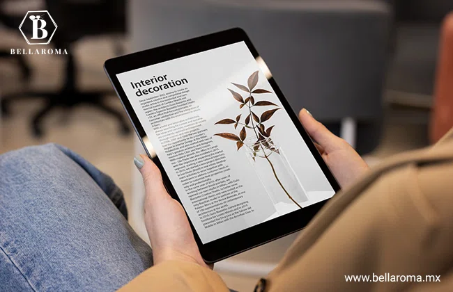 Persona sentada leyendo un artículo de decoración interior en una tablet.