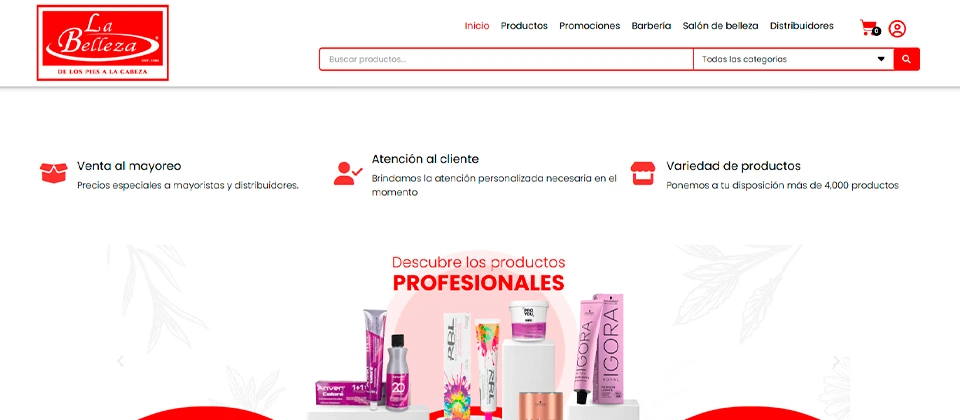 Página web de La Belleza una empresa que distribuye productos de belleza profesional