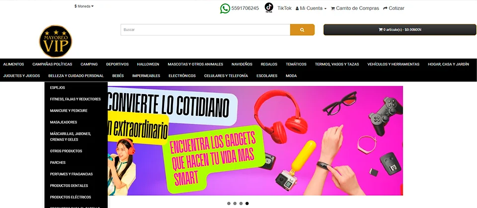 Página web de Mayoreo VIP, tienda mayorista de productos de tendencia, electrónicos y novedades en México