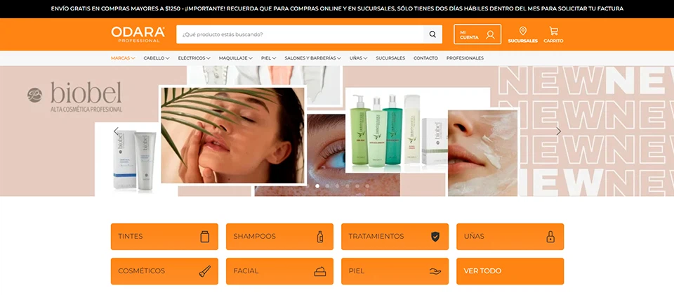 Página web de Odara Professional, distribuidores de productos profesionales de belleza, cosméticos y barbería