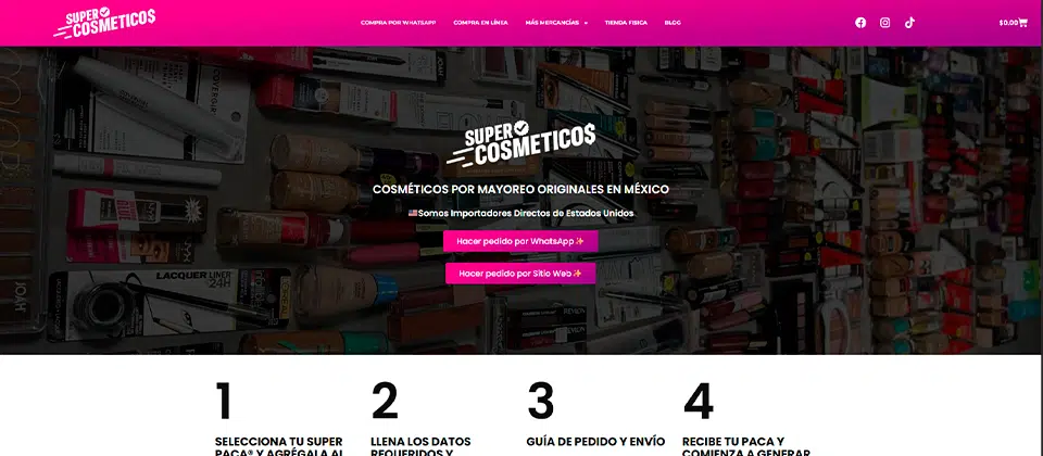 Página de la tienda en línea de Super Cosméticos importadores de cosméticos desde Estados Unidos
