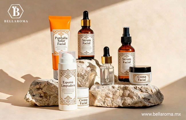 Productos de skincare como sérums y cremas para el cuidado facial