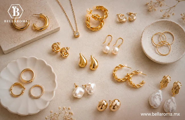 joyería y bisutería fina de color dorado con fondo neutro, que se puede vender en el trabajo.