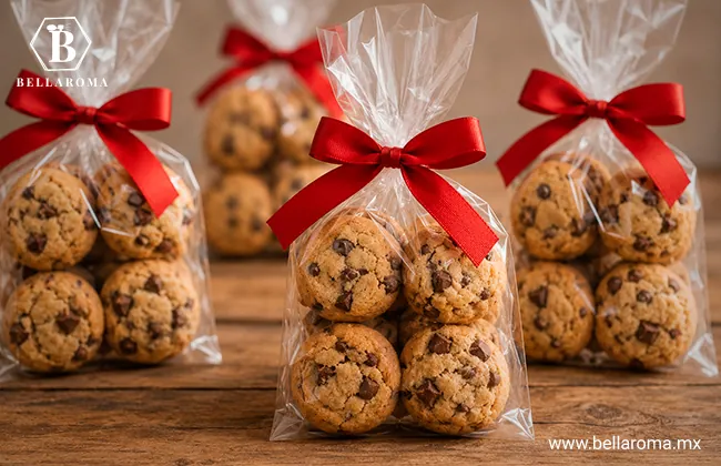 Bolsas transparentes amarradas con listones rojos rellenas de galletas caseras con chispas de chocolate sobre una mesa de madera, que se puede vender en el trabajo.