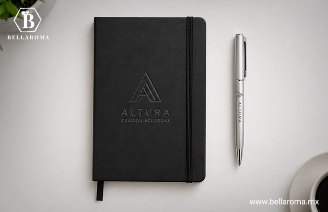 Idea para vender en el trabajo: Agenda ejecutiva de color negro y bolígrafo de plata grabados con el logotipo corporativo de la marca Altura.