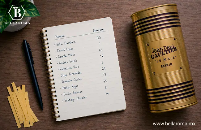 Libreta abierta con una lista de nombres y números asignados para una rifa junto a un perfume Jean Paul Gaultier Le Male Elixir.