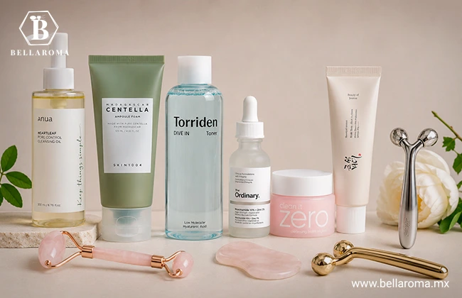 Skincare con productos faciales, rodillo de cuarzo rosa y herramientas de masaje facial, que se puede vender en el trabajo.