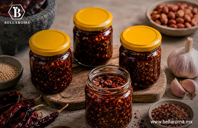 Cuatro frascos de vidrio con tapas amarillas llenos de salsa macha artesanal o aderezo de chiles en aceite.